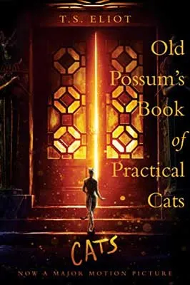 Old Possum’s Book of Practical Cats by T.S. Eliot book cover with person moving toward lit door of stained glass windows