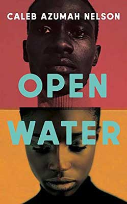 Open Water by Caleb Azumah Nelson book cover with two split images of young Black man and Black woman with one tinted with red background and the other with an orange background 