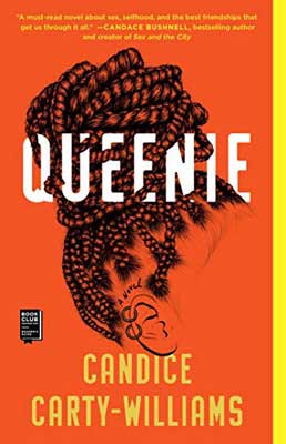 Queenie by Candice Carty-Williams book cover with woman with face blurred into red cover and braided hair on top of head