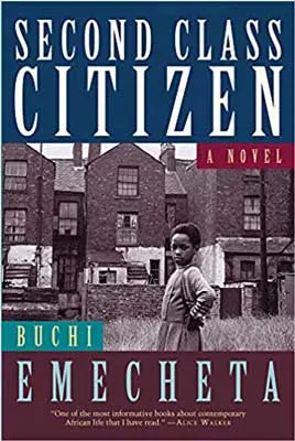 Second Class Citizen by Buchi Emecheta book cover with black and white photo of young person with buildings in background