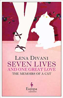 Seven Lives and One Great Love: Memoirs of a Cat by Lena Divani book cover with person in ballet flats next to a white cat with pink floor and red wall