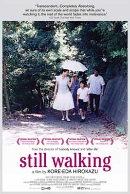 Still Walking film poster with woman in white holding white umbrella over children as they walk down a path