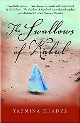Swallows of Kabul by Yasmina Khadra book cover with clocked person walking across sands