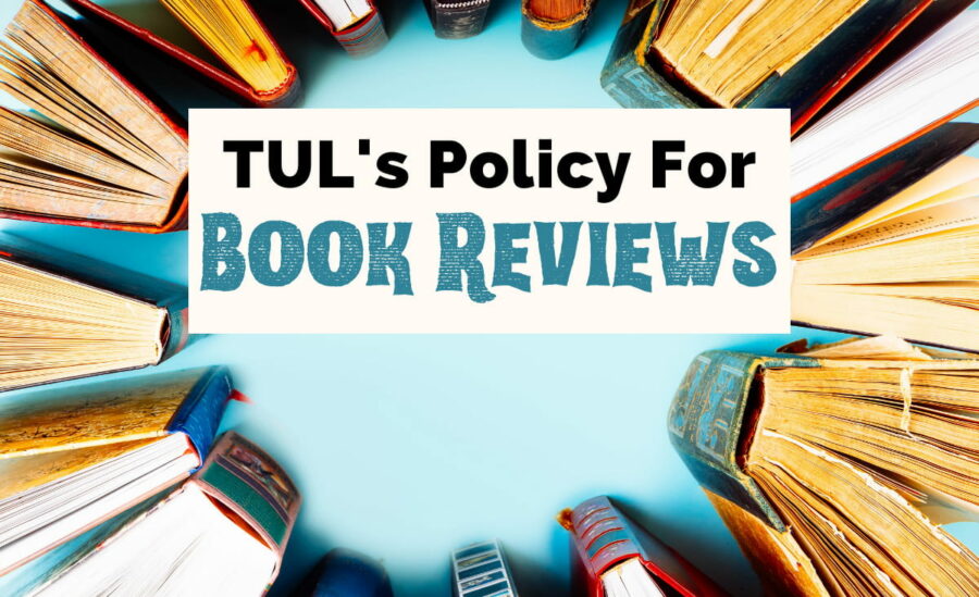TUL Book Review Policy with book spines in a circle on light blue background