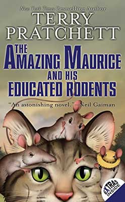 The Amazing Maurice and his Educated Rodents by Terry Pratchett book cover with illustrated cat and mice