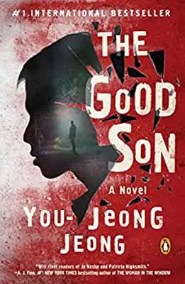 The Good Son by You-Jeong Jeong, translated by Chi-Young Kim book cover with image of boys face with another image of person on shore inside of it