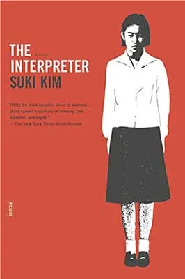 The Interpreter by Suki Kim book cover with woman in white blouse and black knee-length skirt on red background