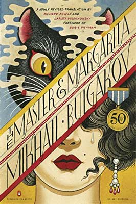 The Master and Margarita by Mikhail Bulgakov book cover with illustrated half cat and half person with reed lips, nose, and brown, wavy hair
