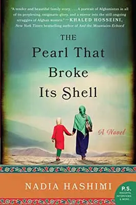 The Pearl That Broke Its Shell by Nadia Hashimi book cover with two people wearing head scarves walking on sand with blue sky
