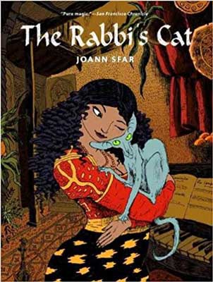 The Rabbi's Cat by Joann Sfar book cover with illustrated woman holding a gray cat