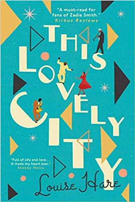 This Lovely City by Louise Hare book cover with illustrated people walking on letters of title with turquoise background