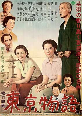 Tokyo Story Japanese Movie Poster with five people, men and women on it sitting or standing