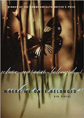 Where We Once Belonged by Sia Figiel book cover with tan and black butterfly flying among tan hued grass