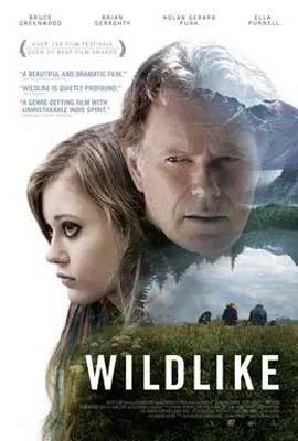 WildLike Movie Poster with white young woman with dark eyeliner and older white blonde male with scene of grass and cloudy sky