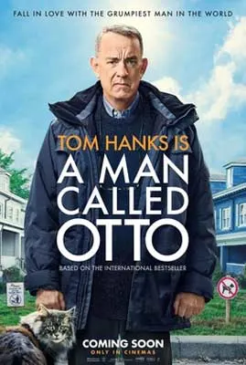 A Man Called Otto Movie Poster with image of white man in coat walking down residential street