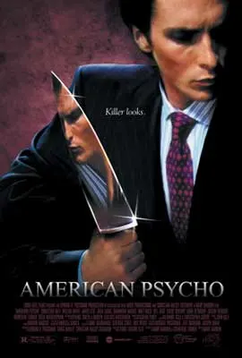 American Psycho Movie Poster with image of man in suit and tie holding a knife with a reflection of a person in it