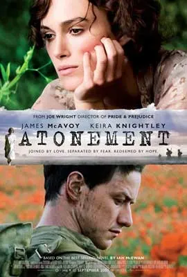 Atonement Film Poster with image of white brunette woman on top resting chin on hand and white brunette male outdoors below