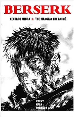 Berserk by Kentaro Miura book cover with illustrated man's face that resembles an elf with pointy ear tips and mountain scene running across neck