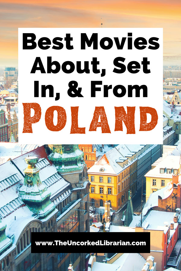 Best Polish Films And Movies Set In Poland Pinterest Pin with image of Wroclaw Poland yellow and tan buildings with orange and gray cloudy sky