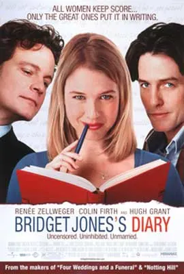 Bridget Jones Diary Movie Poster with two white man looking over shoulders of white blonde woman holding a red journal with pen to her lips