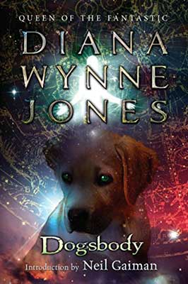 Dogsbody by Diana Wynne Jones book cover with brown puppy on sci fi like background with red, green, and black lights