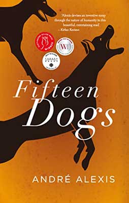 Fifteen Dogs by André Alexis book cover with black illustrated dogs on orange cover