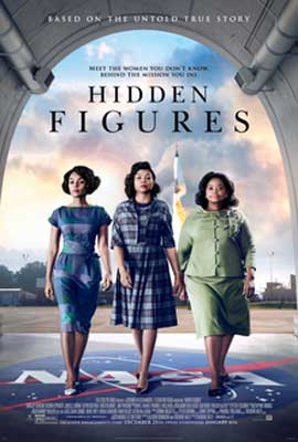 Hidden Figures Movie Poster with three black women in dresses walking forward with sky and rocket in background