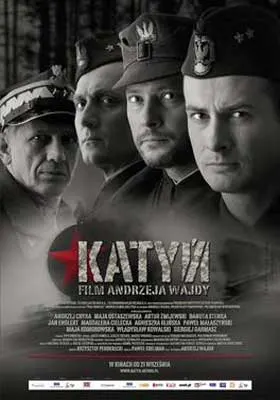 Katyn film poster with four men on cover that are wearing solider clothing in black and white
