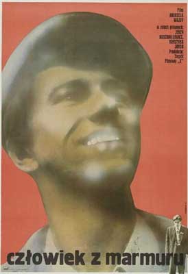 Man of Marble Movie Poster with man's face looking up and over and he's wearing a cap all on a red background