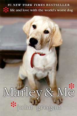 Marley & Me by John Grogan book cover with white and tan colored puppy with red collar