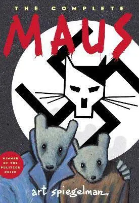 Maus by Art Spiegelman book cover with two illustrated gray mice and black and white cat in Swastika