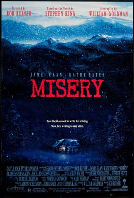 Misery Movie Poster with image of dark house with small light in dark snowy mountains
