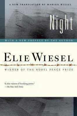 Night by Elie Wiesel book cover with gray images and red barbed wire fence on beige section with title