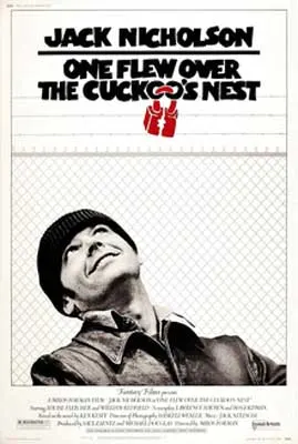One Flew Over The Cuckoo’s Nest film poster with man in black and white wearing hat and jacket and looking up