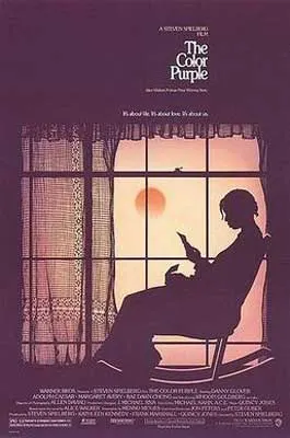 The Color Purple Movie poster with image of woman sitting in a chair looking out curtained window with orange sun or moon