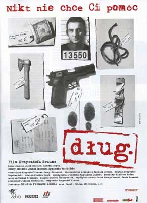 The Debt Movie Poster with black and white images of gun, weapons, and person's mughshot