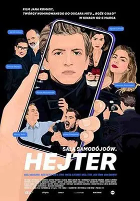 The Hater Movie Poster with illustrated image of person holding cell phone and men and women's faces in and around it