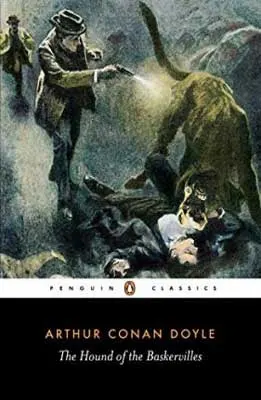 The Hound of the Baskervilles by Arthur Conan Doyle book cover with person lying murdered on ground
