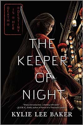 The Keeper of Night by Kylie Lee Baker book cover with person wearing red tunic with silver sword strapped to back