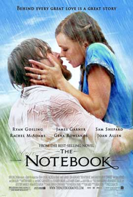 The Notebook Movie Poster with white man holding white woman in blue top in the rain and they are kissing