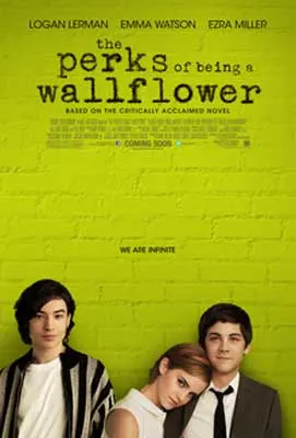 The Perks Of Being A Wallflower Movie Poster with green brick wall background and two younger white boys one with a red haired girl resting her head on his shoulder