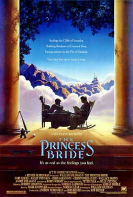 The Princess Bride Film Poster with people sitting in open doorway with clouds and mountains