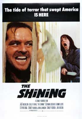 The Shining Movie Poster with white man with teeth barred and a white brunette person screaming on the other side of the door