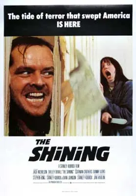 The Shining Movie Poster with white man with teeth barred and a white brunette person screaming on the other side of the door