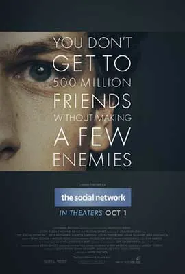 The Social Network Movie Poster with half of white man's face with green eye looking foward