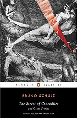 The Street of Crocodiles by Bruno Schulz book cover with black and white illustrated cover with foot in person's face