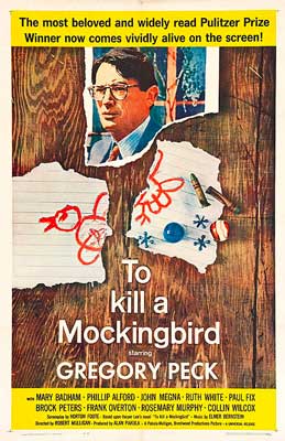 To Kill A Mockingbird Movie Poster with notecard with red bird torn in half and image of top of white man with glasses in jacket and tie