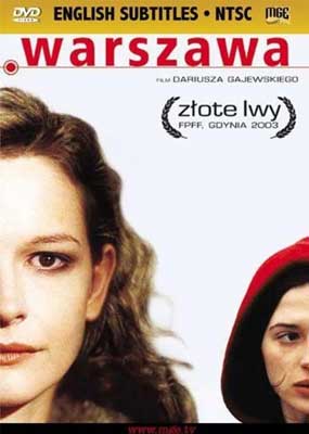 Warszawa Movie Poster with white woman's half face with brown hair and another woman's face behind her with red hat