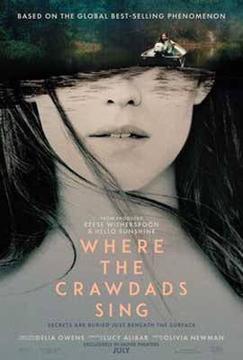 Where The Crawdads Sing movie poster with image of person's head and neck with long hair blowing over eyes