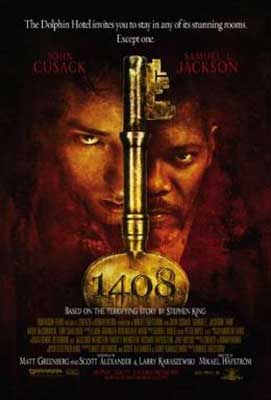 1408 movie poster with Black and white man's half faces one on each side of an object resembling a golden staff
